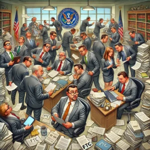 Humorous illustration of a group of FTC lawyers in a busy office, looking determined yet slightly overwhelmed as they tackle piles of documents, laptops, and charts, symbolizing their efforts to combat fraud and enforce laws."