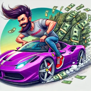 Illustration of a mischievous man with a long, thin beard driving a flashy purple Ferrari, speeding away with cash flying out of the car, symbolizing a scammer making a getaway