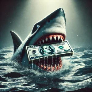 A fierce shark with sharp teeth emerging from dark ocean waters, clutching dollar bills in its mouth. The image symbolizes financial predators, aggressive debt collectors, and high-risk debt settlement schemes. The scene has an intense, cinematic feel, emphasizing the dangers of predatory financial practices.