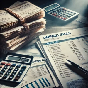 A stack of unpaid bills piled on a desk next to a long financial list and a calculator. The scene represents debt management, overdue payments, and financial stress. Shadows and dramatic lighting highlight the urgency of budgeting and staying on top of expenses