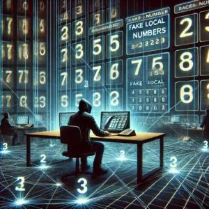 Conceptual illustration depicting how scammers generate fake local phone numbers. The image shows a futuristic control room with multiple screens displaying randomly generated numbers. A person in a dark hoodie is seated at a computer, operating a VoIP system connected to the screens. The background features a web of interconnected digital lines, symbolizing data transmission and internet connectivity. The atmosphere is dark and mysterious, emphasizing the secretive and deceptive nature of the operation