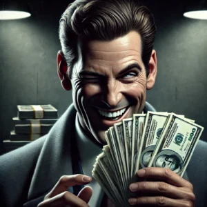 A man resembling Grant Cardone holding a wallet overflowing with cash, wearing a confident smirk. The background features a sleek office setting with luxury elements like a modern desk and a private jet seen through large windows, symbolizing wealth and financial aspirations