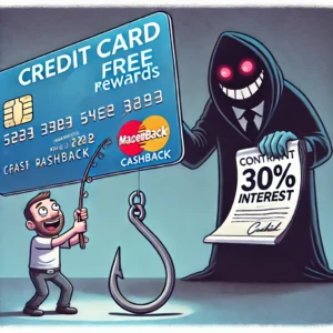 A satirical illustration of a giant credit card acting as a fishing hook, baiting a person with 'free rewards' and 'cashback' while a shadowy banker in the background grins evilly, holding a contract labeled '30% Interest'. Below the person, an unseen debt trap awaits, symbolizing the hidden dangers of credit card rewards programs.